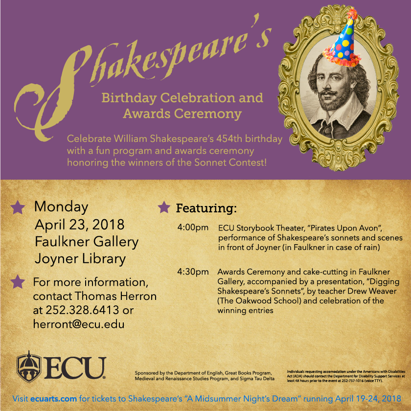 Shakespeare's Birthday Celebration & Awards Celebration; April 23, 2018